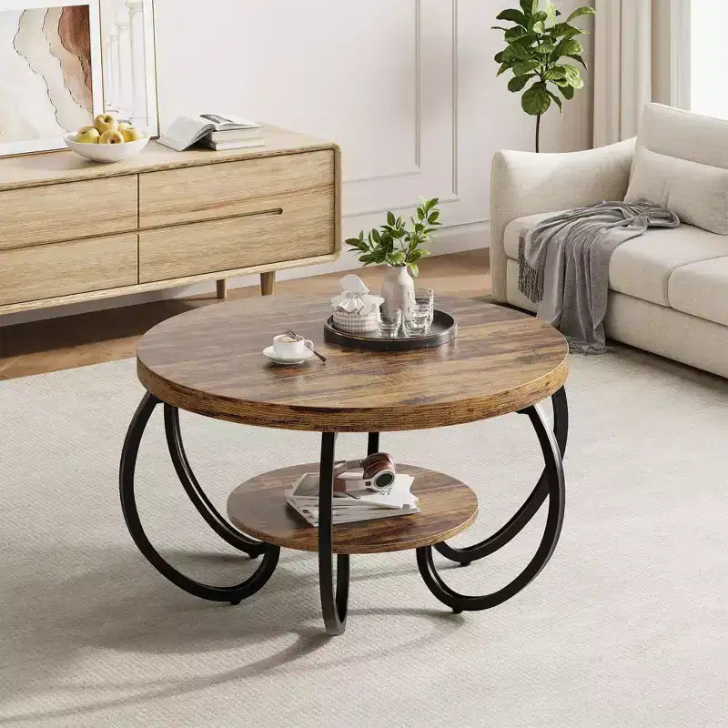 30 Zoll runder industrieller Couchtisch, 2-stöckig mit verstellbaren Füßen, Holzmaserungsablage, Flammendesign, einfache Montage, Wohnzimmer