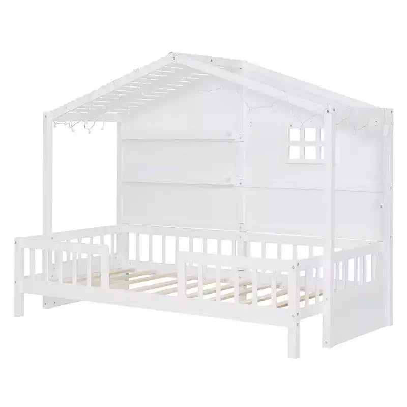 Hausbett in Twin-Größe mit Ablageregalen und Rausfallschutz, Montessori-Bettrahmen aus Holz für Kinder mit Fenster und glitzerndem Lichtband