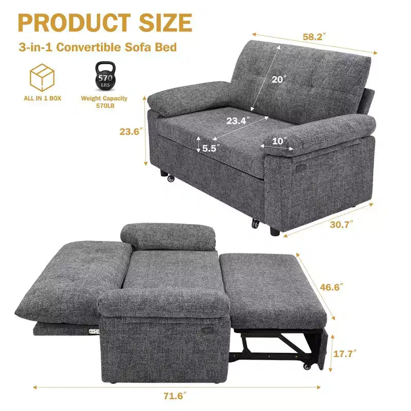 Dyonery 3-in-1 Schlafsofa, Ausziehbares Schlafsofa mit verstellbarer Rückenlehne