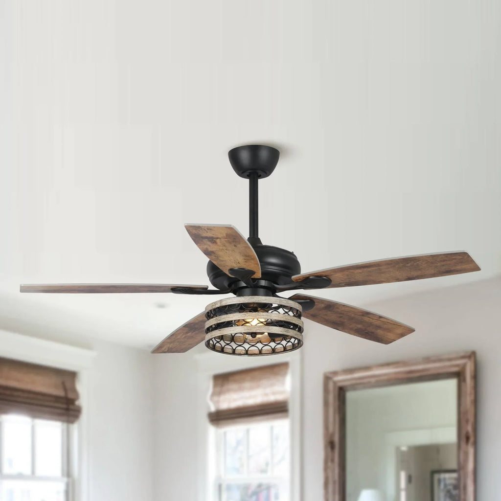 52 Farmhouse Driftwood 5-Flügel Deckenventilator mit Käfig in Schwarz und Fernbedienung