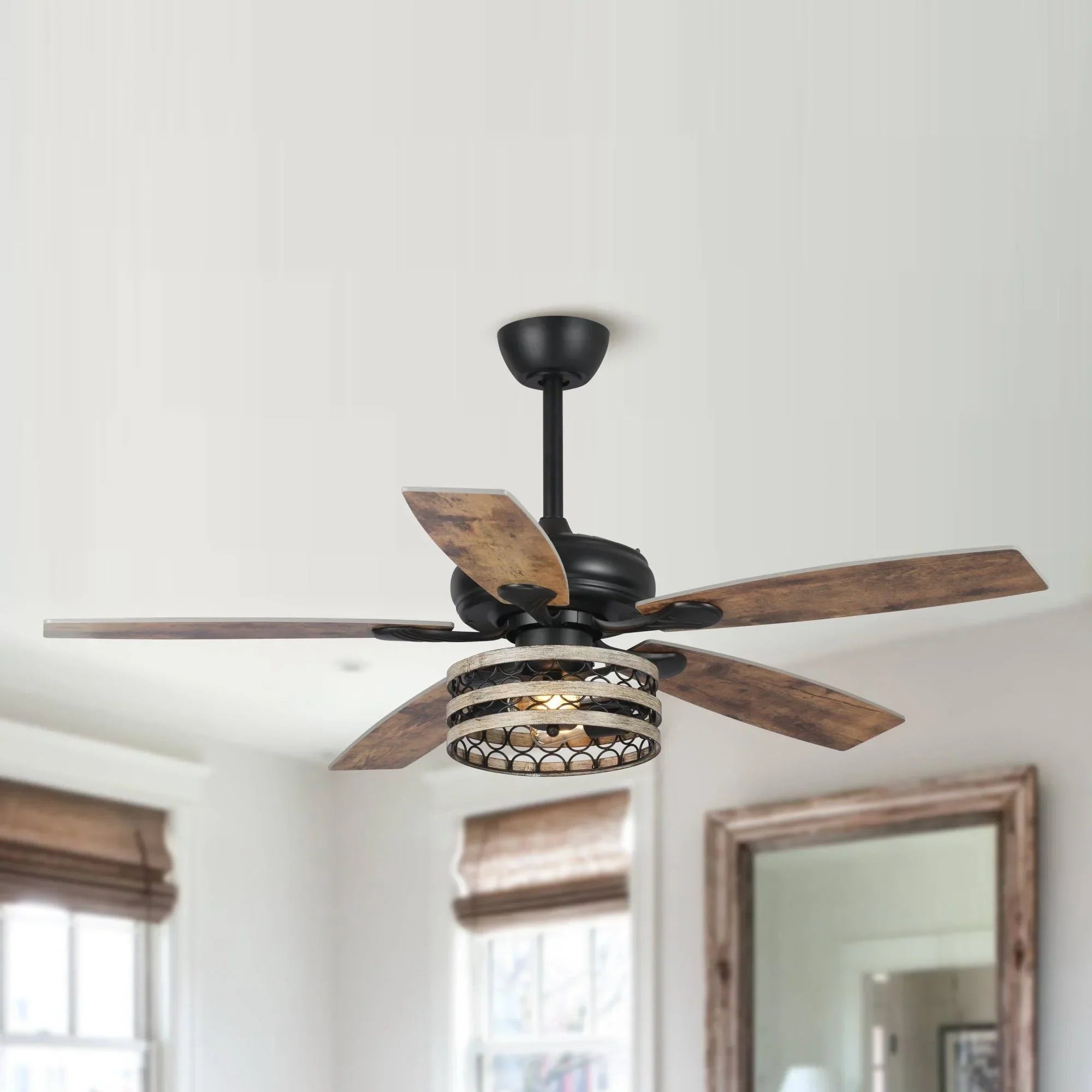 52 Farmhouse Driftwood 5-Flügel Deckenventilator mit Käfig in Schwarz und Fernbedienung