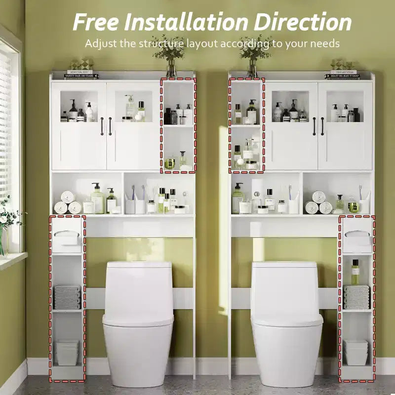 Badezimmerschrank über der Toilette – 171 cm hoher Badezimmer-Organizer im Landhausstil mit verstellbarem Regal und Glastür für Bad und Waschküche