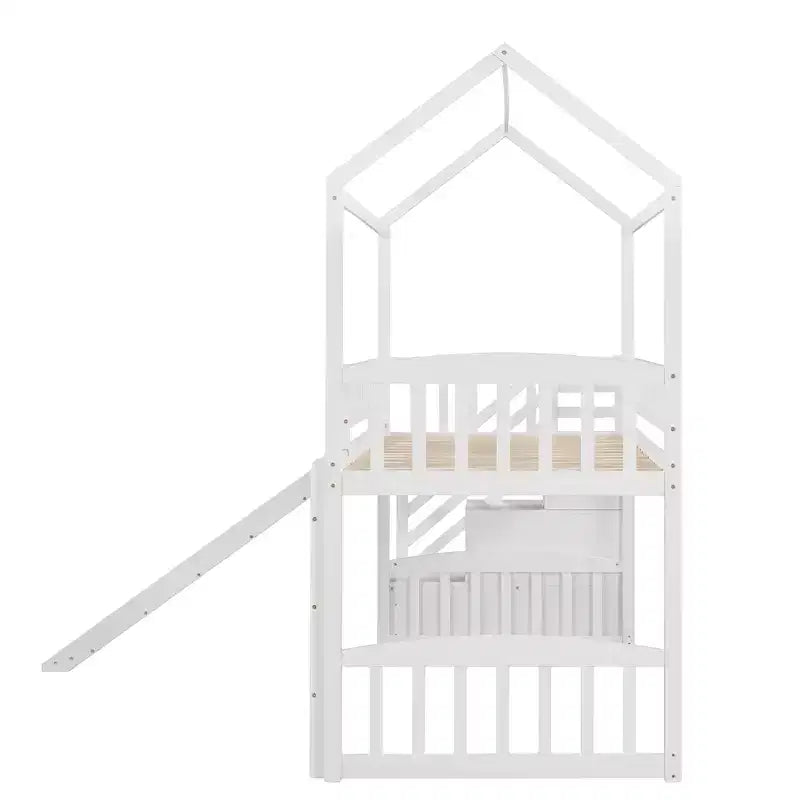 Doppelhaus-Hochbett mit Rutsche und Treppe, Hochbett mit Aufbewahrungsschubladen, Holzhaus-Hochbett für Kinder und Kleinkinder
