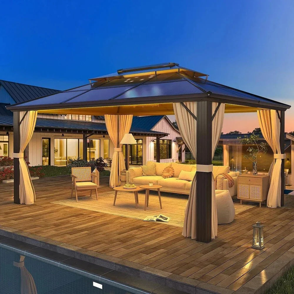 EROMMY Hardtop-Pavillon, Outdoor-Pergola mit Doppeldach & Netzen & Vorhängen, Hochleistungs-Canopy für Terrasse, Garten, Poolparty