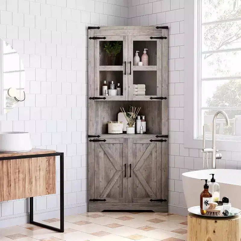 69" Hoher Eckschrank, Bauernhaus-Eckschrank, platzsparender Stauraum, Glastür, verstellbare Einlegeböden, für Wohnzimmer, Küche