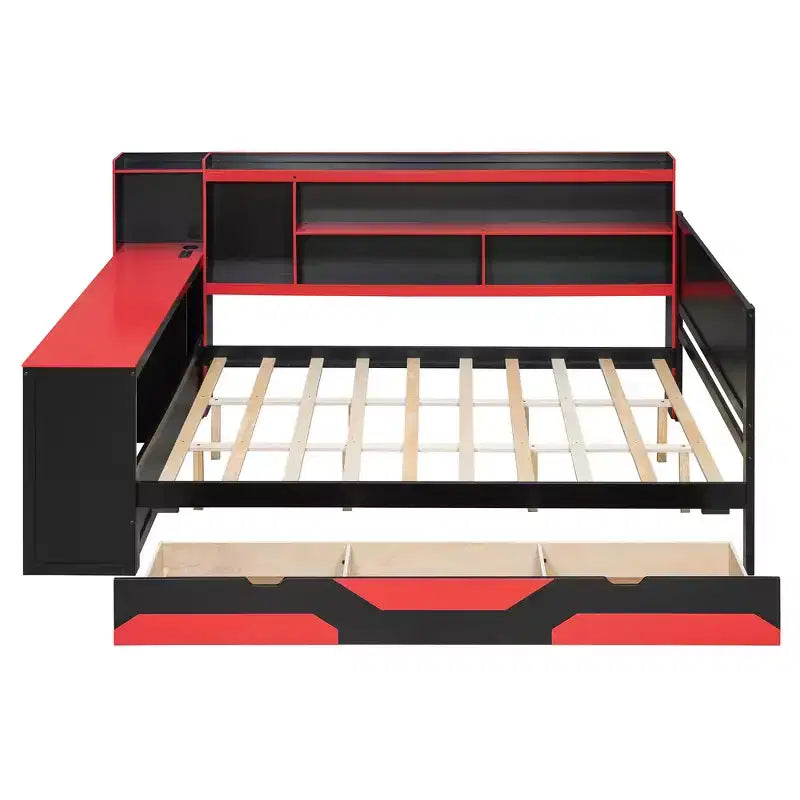 Gaming-Tagesbett (Queen-Size/Full-Size) mit Kopfteilregal, LED-Beleuchtung, integriertem Schreibtisch, Schubladen und Ladestation