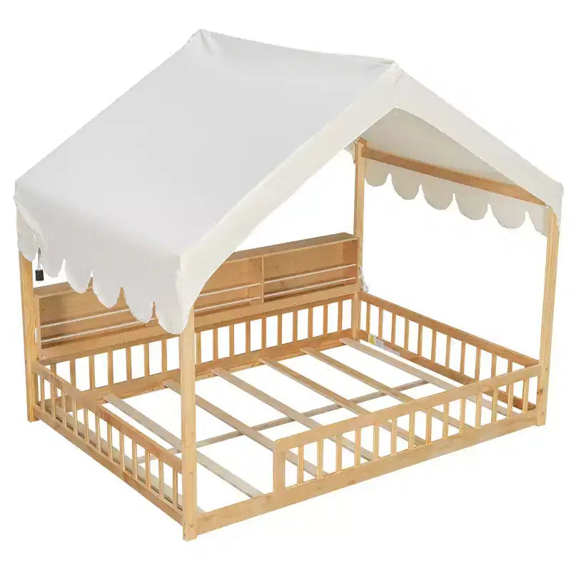 Whisen Vollholz-Bettgestell, Hausbett mit Zaun, 3 Aufbewahrungsregale, Vorhang