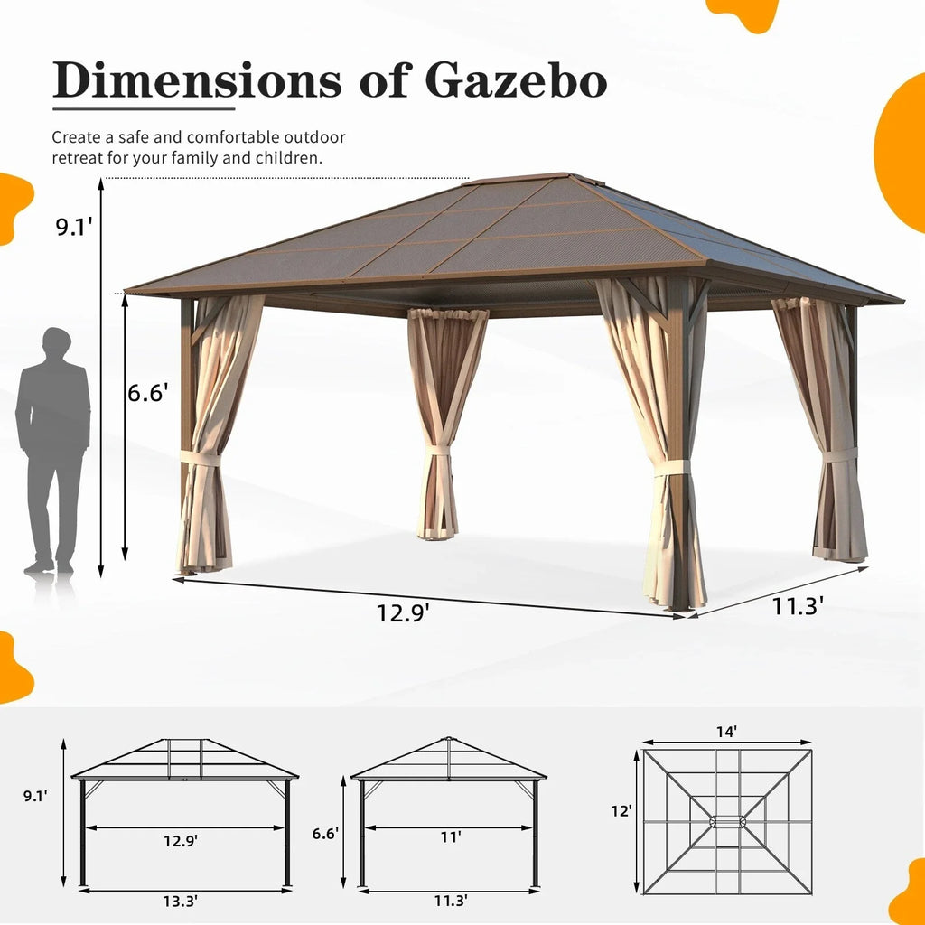 EROMMY Hardtop-Pavillon, Outdoor-Pergola mit Doppeldach & Netzen & Vorhängen, Hochleistungs-Canopy für Terrasse, Garten, Poolparty