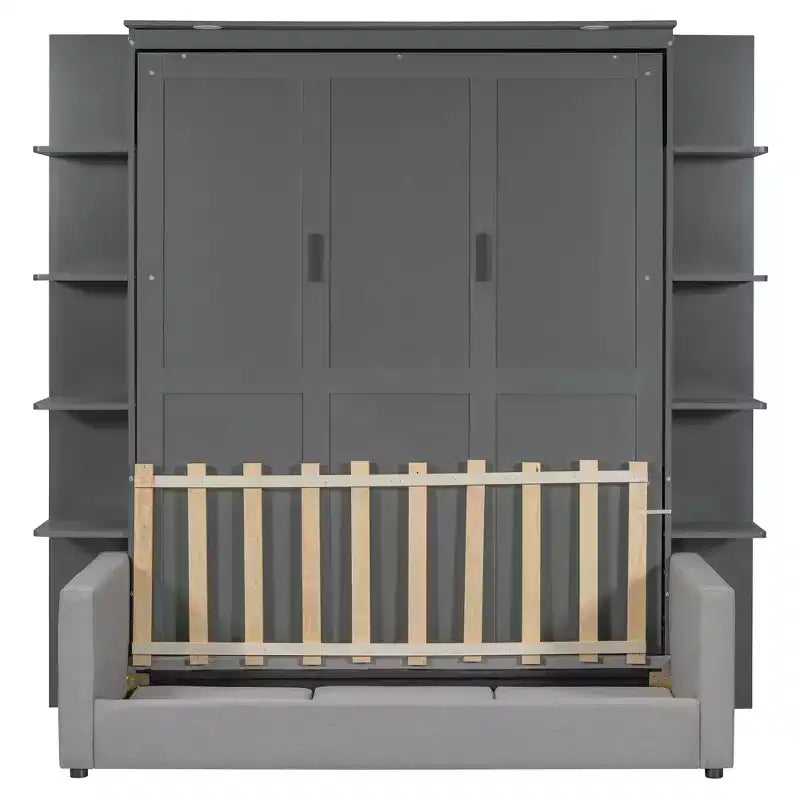 Whisen Modern Design Queen-Size Schrankbett mit Holzrahmen, Sofa und Regalen