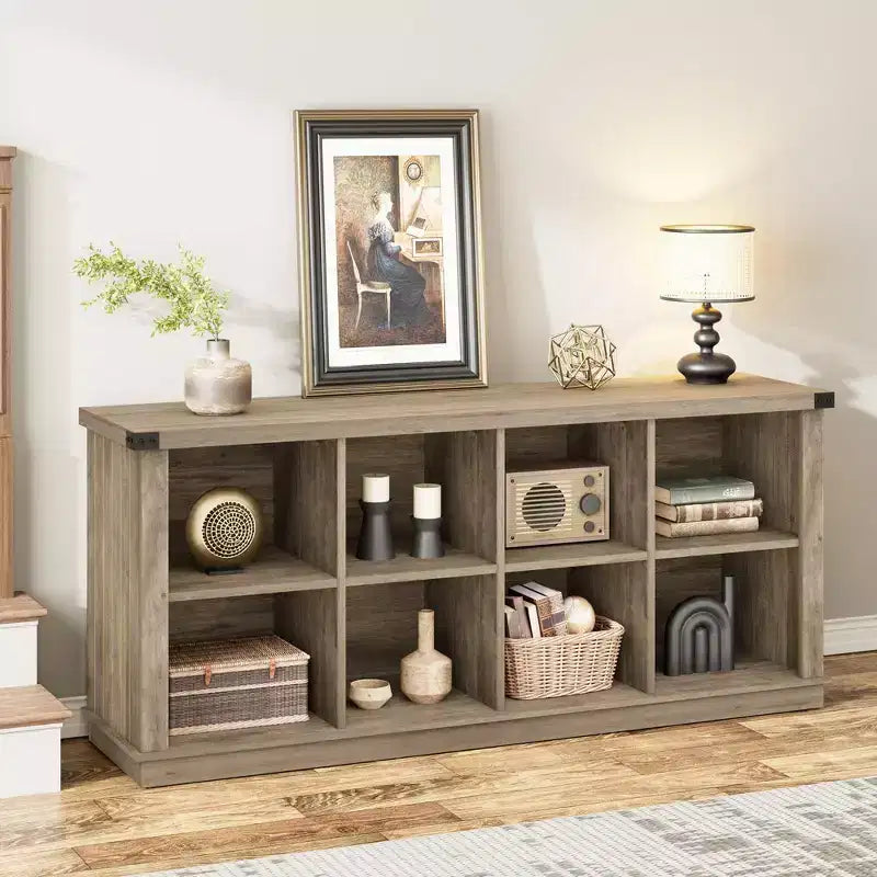 8 Würfelregal, Bücherregal im Landhausstil, 157,5 cm langes Holzregal für den Eingangsbereich, langes, niedriges Bücherregal für das Wohnzimmer