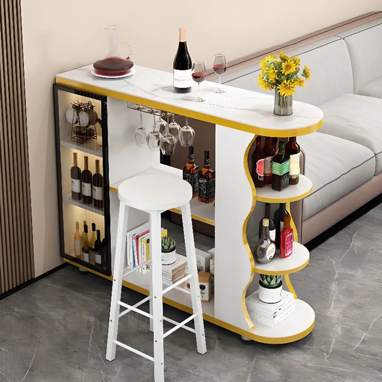 Moderner Bartisch mit Natursteinplatte in Freiform und Stauraum für Hausbars