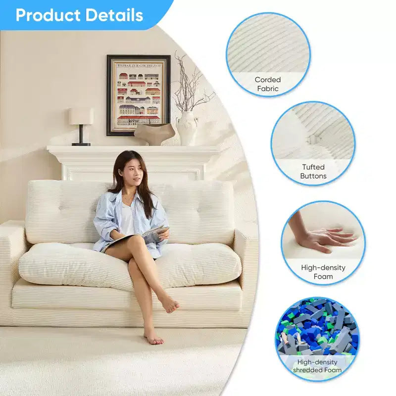 Mjkone 71" 2-in-1 Schlafsofa, umwandelbar, gerippter Stoff, klappbares Zweisitzer-Schlafsofa mit geknöpften Polstern, platzsparend