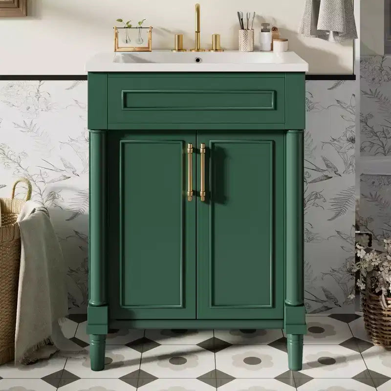 24-Zoll-Badezimmerwaschtisch mit Keramikwaschbecken, Shaker-Schrank, 2 Soft-Close-Türen, Massivholzrahmen für kleines Bad oder Gästetoilette