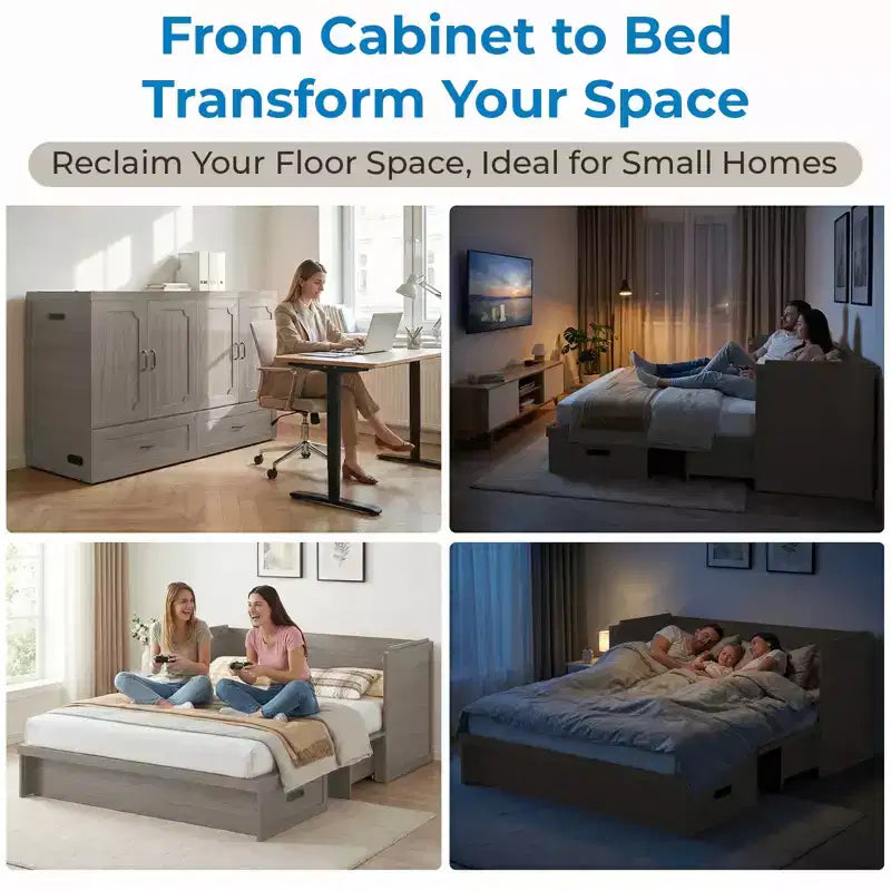 Mjkone Queen-Size-Schrankbett mit Matratze, USB-Ladeanschluss und Aufbewahrungsschubladen