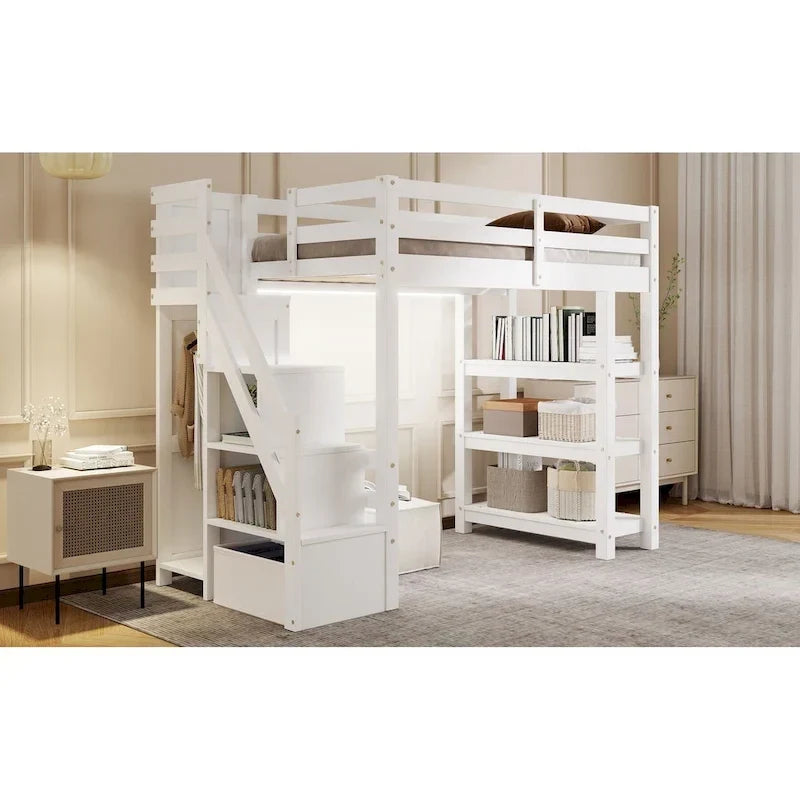Hochbett mit Stauraumtreppe (Einzel-/Doppelbett) – Regale, Kleiderschrank & LED-Beleuchtung, platzsparendes Design