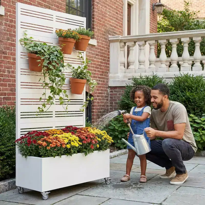 MAYEERTY Rechteckiger Pflanzkasten aus weißem Schmiedeeisen mit Spalier (Harold Wide-Narrow B Louvered), 72x35x16, 5-teilige Garten-Deko für Innen und Außen