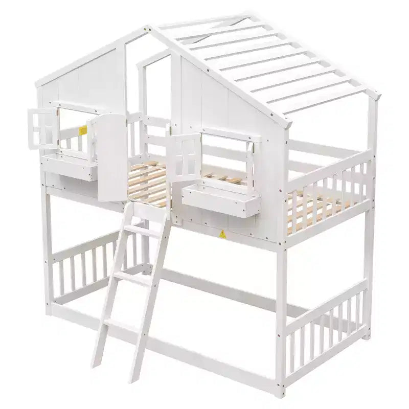 Doppel-Loftbett in Hausform, Holzspielhaus-Loftbett mit Leiter und Schutzgittern für Kinder