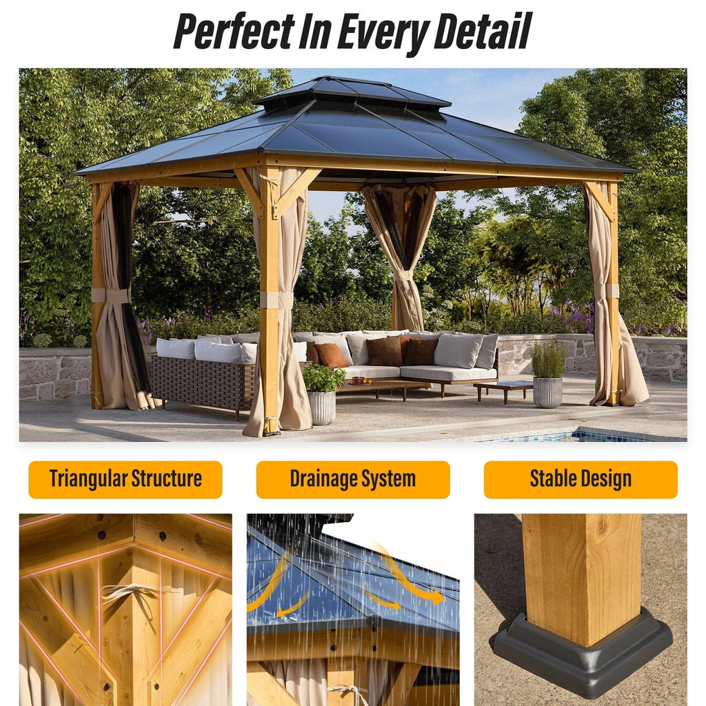 EROMMY Hardtop-Pavillon, Outdoor-Pergola mit Doppeldach & Netzen & Vorhängen, Hochleistungs-Canopy für Terrasse, Garten, Poolparty