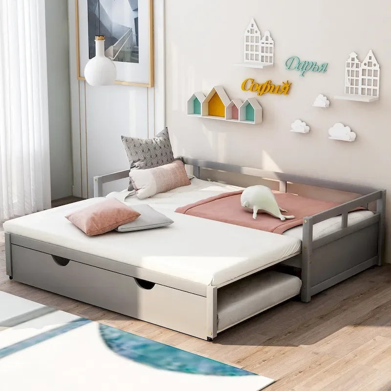 Ausziehbares Tagesbett mit Ausziehfunktion, Holztagesbett mit Ausziehfunktion