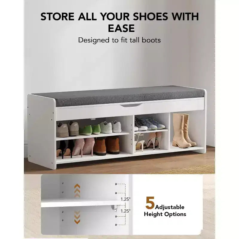 Schuhbank, 120 cm lange Flurbank mit gepolsterter Sitzfläche, aufklappbarem Stauraum, 4 Türen, 136 kg Tragfähigkeit, Bank mit Schuhregal für den Flur
