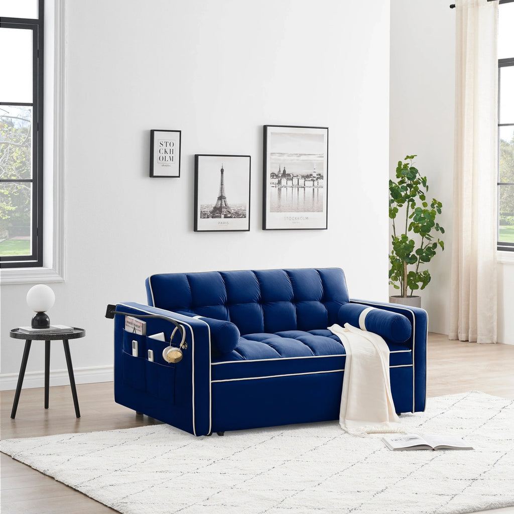 Samt-Schlafsofa zum Umbauen, 140 cm, 2-Sitzer, mit Ausziehbett, verstellbarer Rückenlehne, Seitentaschen und Handyhalterung