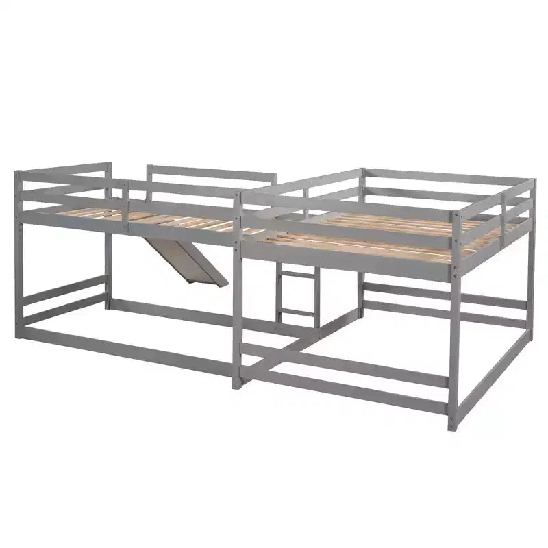 L-förmiges Etagenbett für 4 Kinder, Vierfach-Etagenbett mit Rutsche, Voll- und Twin-Holzrahmen für Schlafzimmer/Wohnheim