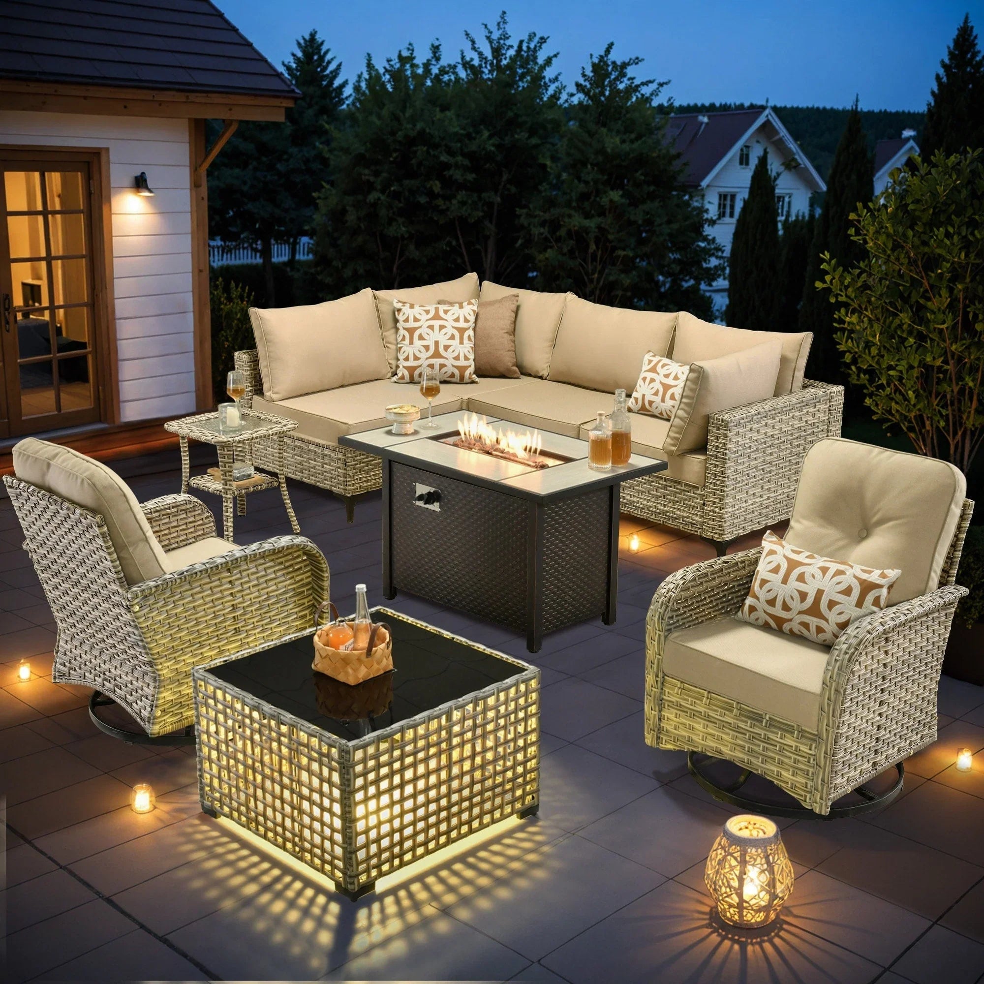 OVIOS 9-teiliges Gartenmöbel-Set aus Korbsessel und Feuertisch