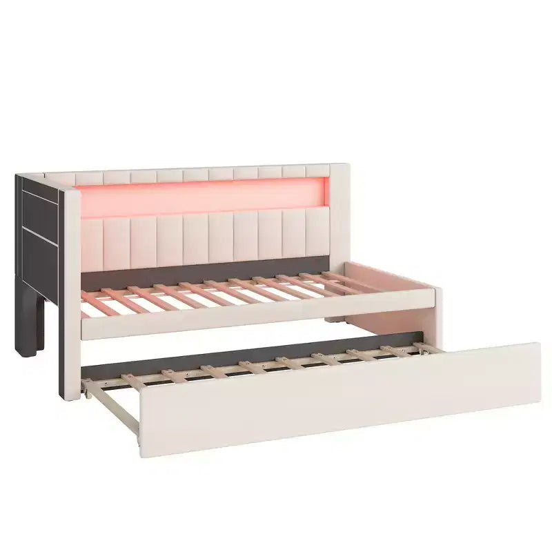 Einzel-/Doppel-Tagesbett mit Ausziehbett und L-förmigem Bücherregal-Kopfteil, gepolstertes Eckbett aus Leinen mit Ablageregalen und LED-Beleuchtung