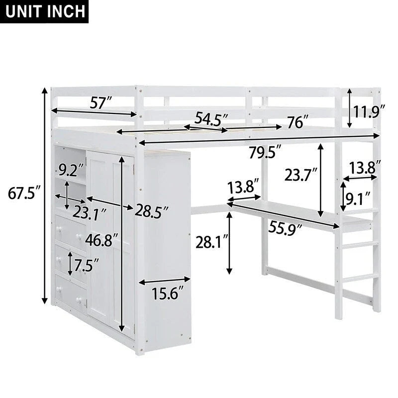 Vollholz-Hochbett mit integriertem Kleiderschrank, Schreibtisch, Ablagefächern und Schubladen