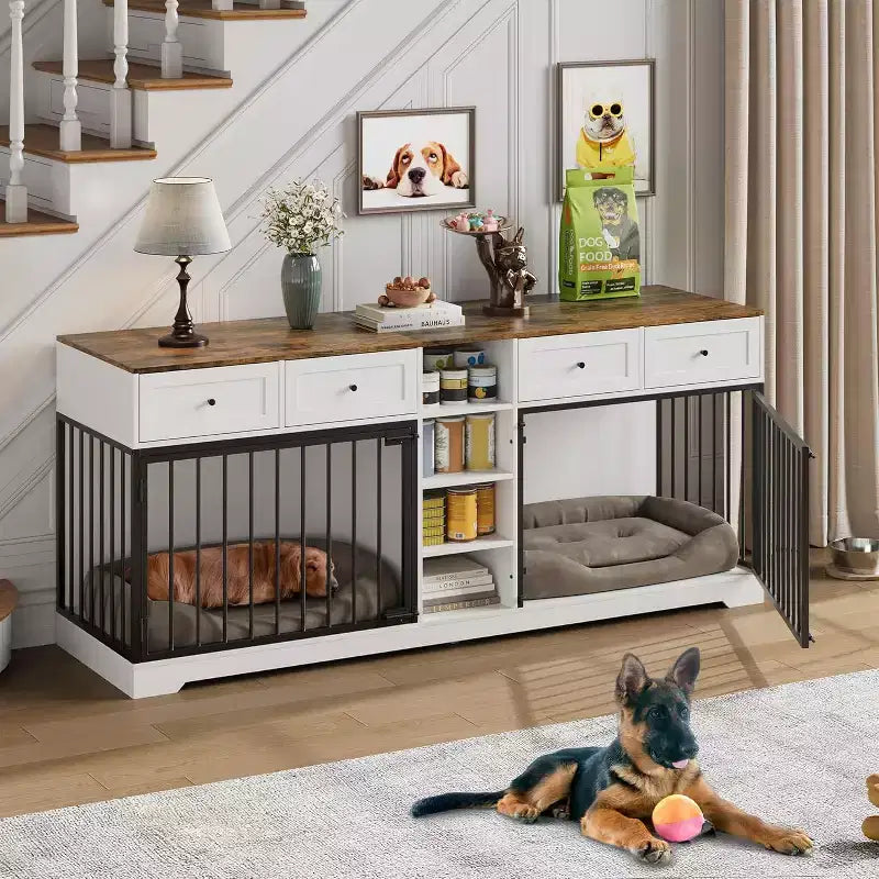 82" Doppel-Hundebox Möbel, großer Hundezwinger für 2 Hunde, robuster TV-Ständer aus Holz mit 4 Schubladen und Regalen