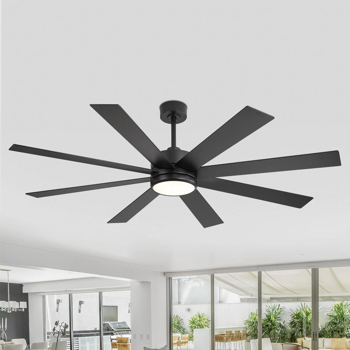 65-Zoll-LED-Deckenventilator mit 8 Flügeln, Licht und Fernbedienung, Schwarz