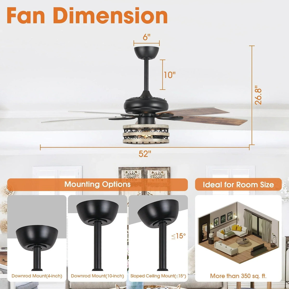 52 Farmhouse Driftwood 5-Flügel Deckenventilator mit Käfig in Schwarz und Fernbedienung