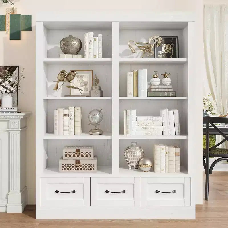 64 H Bücherregale und Bücherschränke, Bücherregal mit 3 Schubladen, 4-lagiges doppelt breites offenes Regal für Büro Wohnzimmer