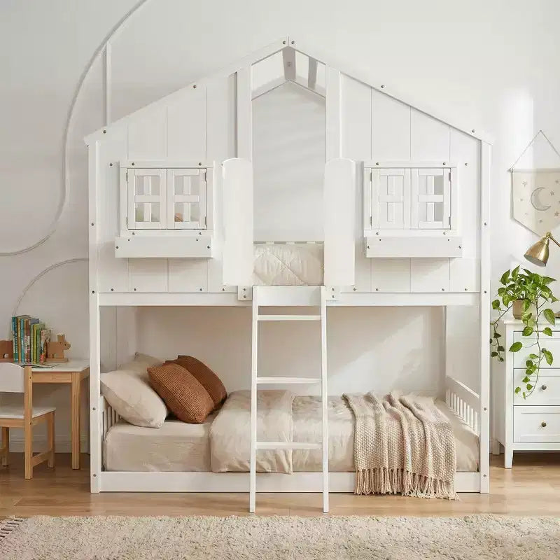 Doppel-Loftbett in Hausform, Holzspielhaus-Loftbett mit Leiter und Schutzgittern für Kinder