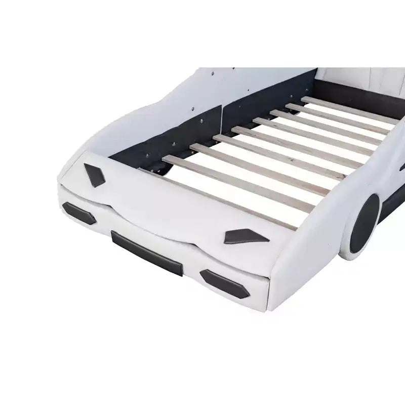 Whisen Wood Plattformbett in Rennwagen-Form, Twin-Größe, mit LED-Beleuchtung und gepolsterter Rückenlehne