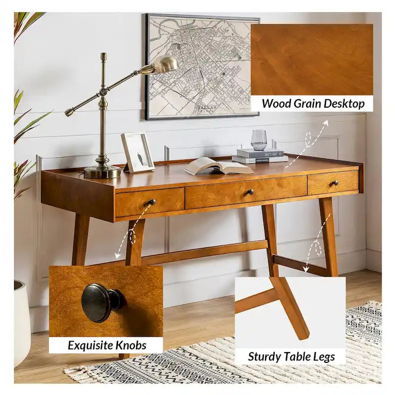 Eugenia Mid-century Büroschreibtisch mit Schubladenteiler, Kabelmanagement und Ladestation von HULALA HOME