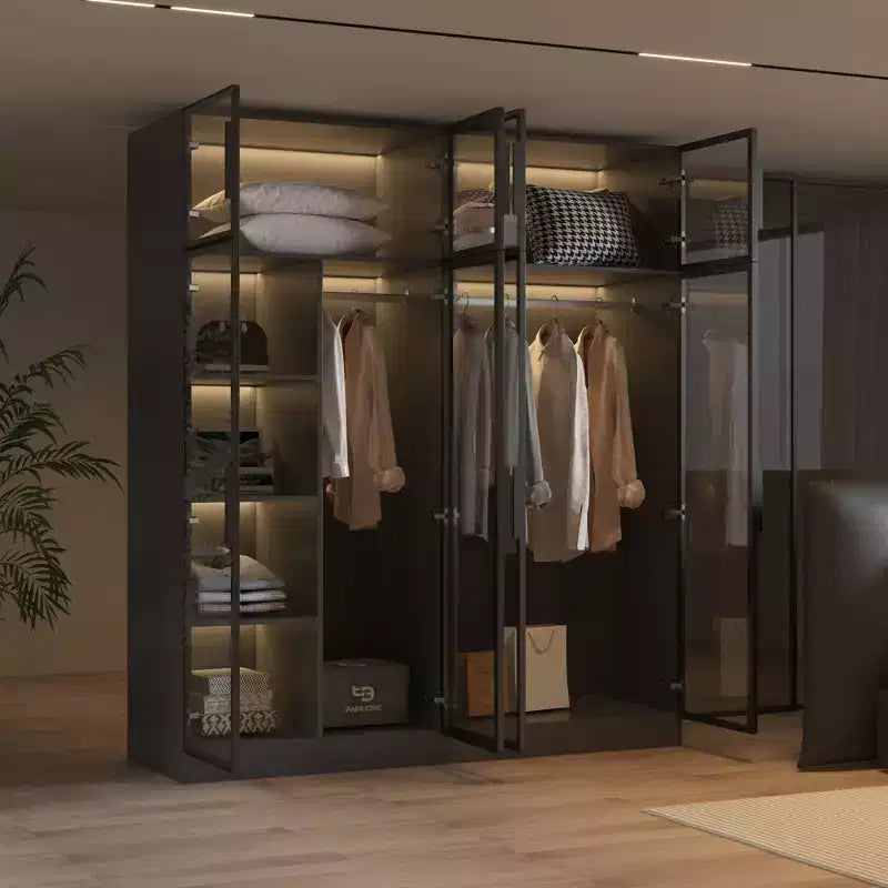 Hitow Pure Black Luxus-Kleiderschrank mit Türen aus gehärtetem Glas, 3-Farben-LED-Beleuchtung, vom Boden bis zur Decke reichender Schlafzimmerschrank-Organizer, Ankleidezimmerschrank