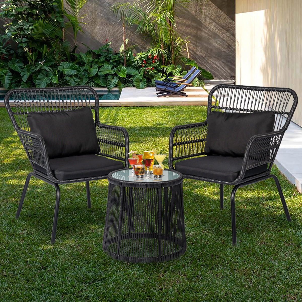3-teiliges Outdoor-Bistro-Set aus Korbstühlen, witterungsbeständige Rattanmöbel-Sitzgruppe mit Kissen