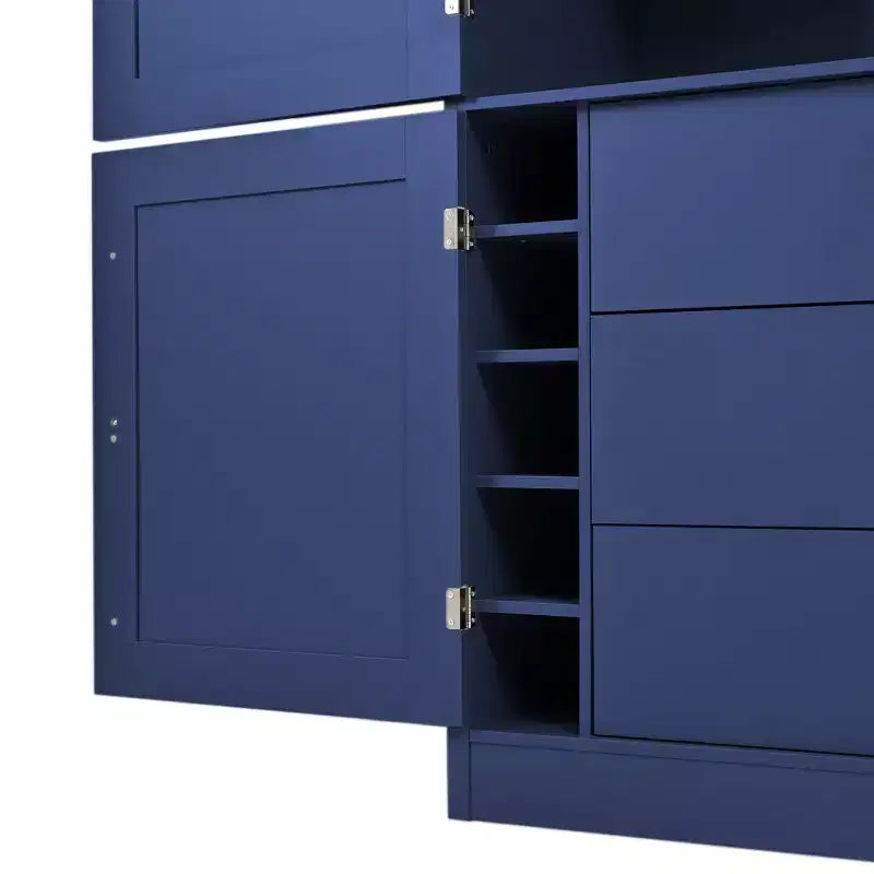 Hoher Küchenschrank mit Steckdosen, großer freistehender Schrank mit Mikrowellenständer, Schubladen, Regalen, Weinregalen und Türregal