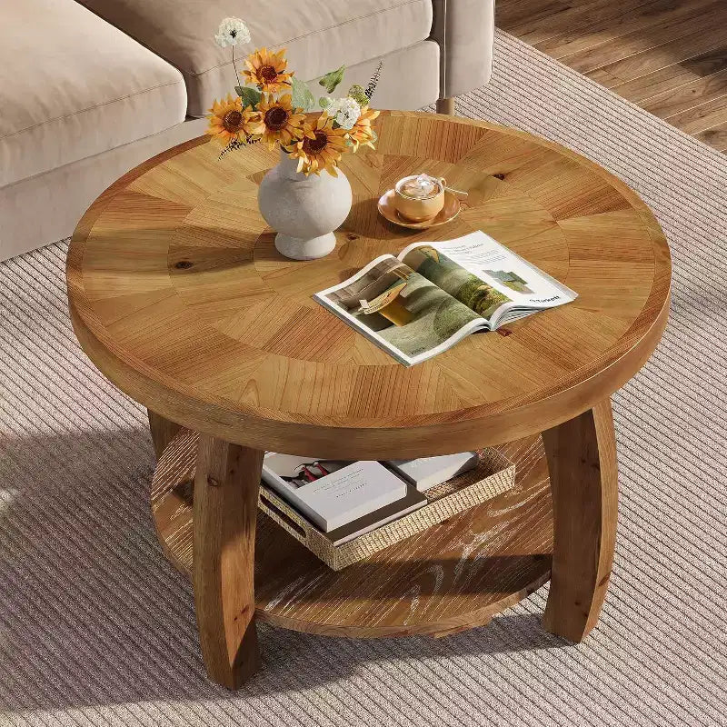 Lantine Couchtisch rund aus Massivholz, 2-stöckiger Beistelltisch mit Stauraum, 80 cm Tischplatte mit Mosaikmuster, einfache Montage, für Wohnzimmer, Braun