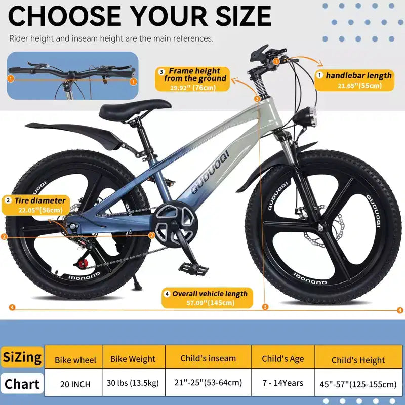 NAYSAYE 20 Zoll Kinder-Mountainbike mit 7-Gang-Antrieb und Magnesiumlegierungsrahmen für Jungen und Mädchen im Alter von 8-12 Jahren, 57.09*21.65*29.92