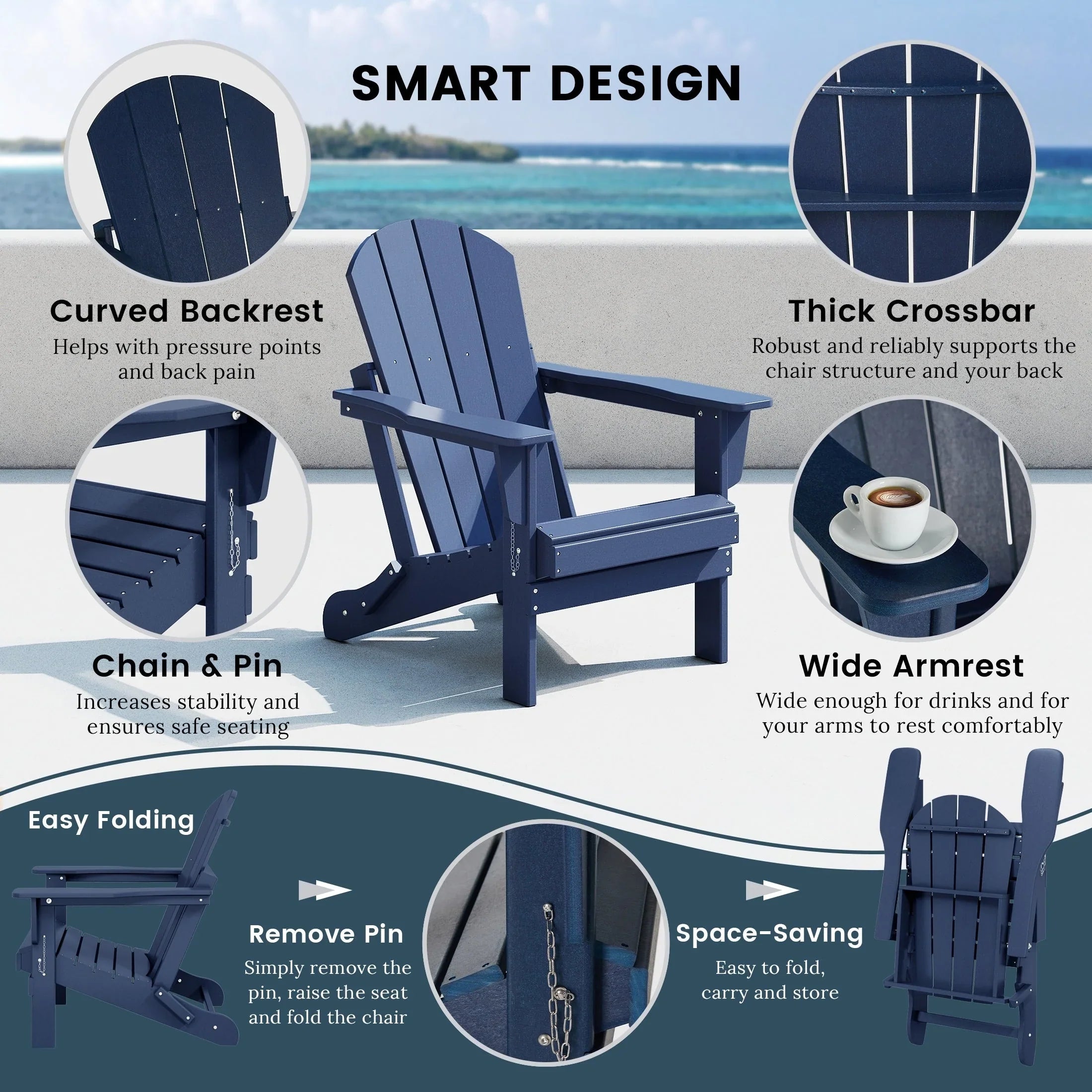 Polytrends Laguna Faltbarer Adirondack-Stuhl für den Außenbereich, wetterfest und lichtbeständig