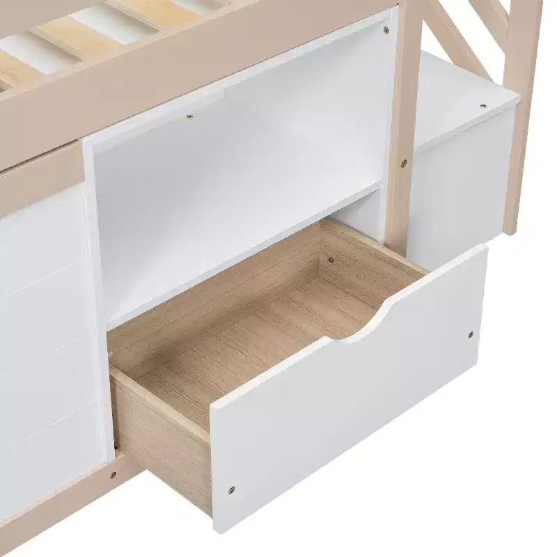 Okak Massivholz-Hochbett mit Treppe & Stauraum, Niedriges Etagenbett mit Schubladen & Regalen, Multifunktionales Hochbett für Kinder, Jugendliche
