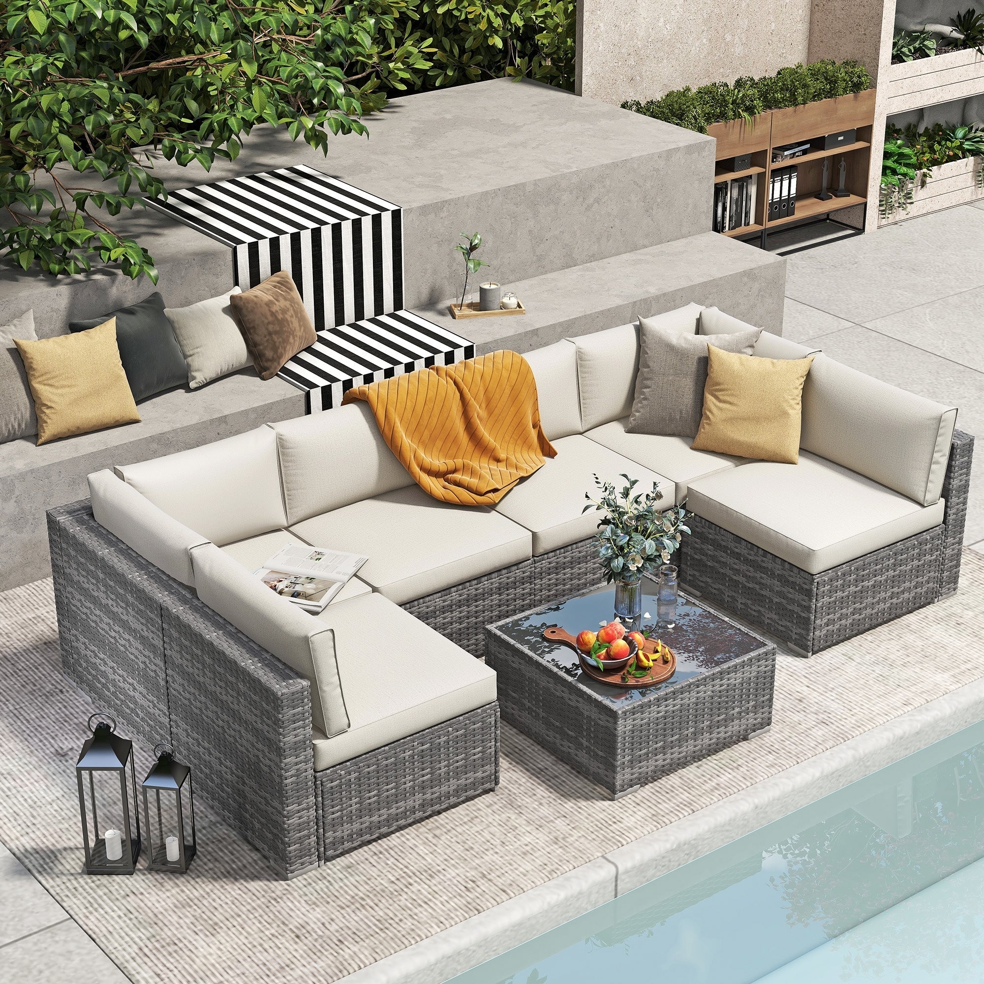 7-teiliges Outdoor-Sofa-Set aus Korbweide/Stahl mit Polstern
