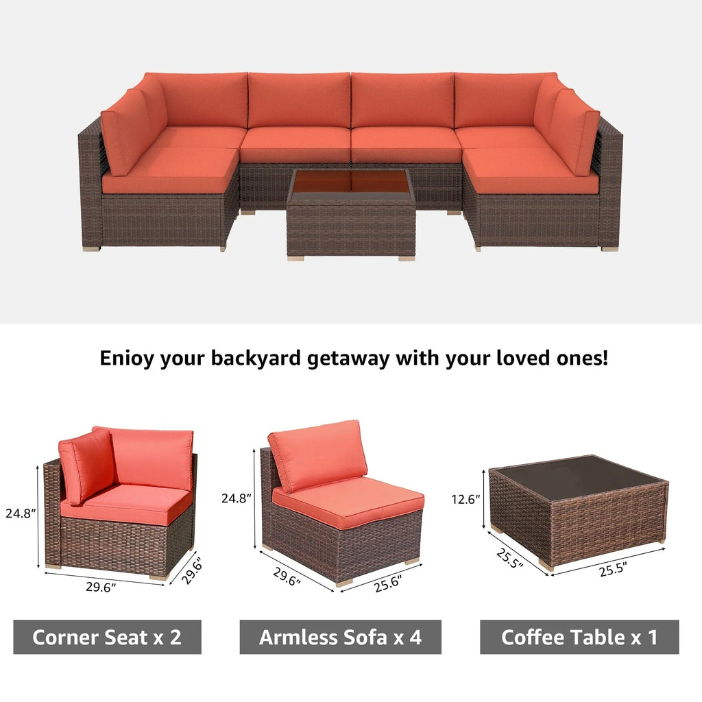 7-teiliges Outdoor-Sofa-Set aus Korbweide/Stahl mit Polstern