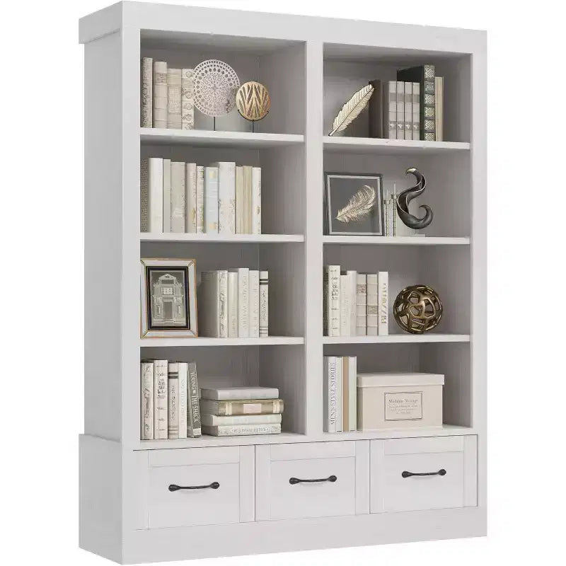 64 H Bücherregale und Bücherschränke, Bücherregal mit 3 Schubladen, 4-lagiges doppelt breites offenes Regal für Büro Wohnzimmer