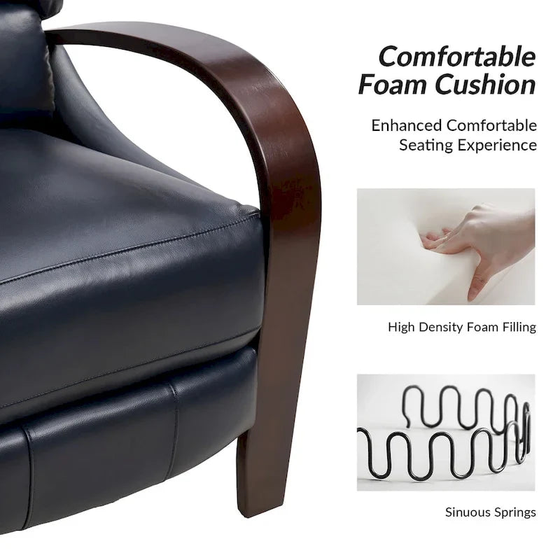 Alex Mid-Century Modern Zigarren-Sessel aus echtem Leder mit manueller Relaxfunktion und geschwungenen Holzarmlehnen