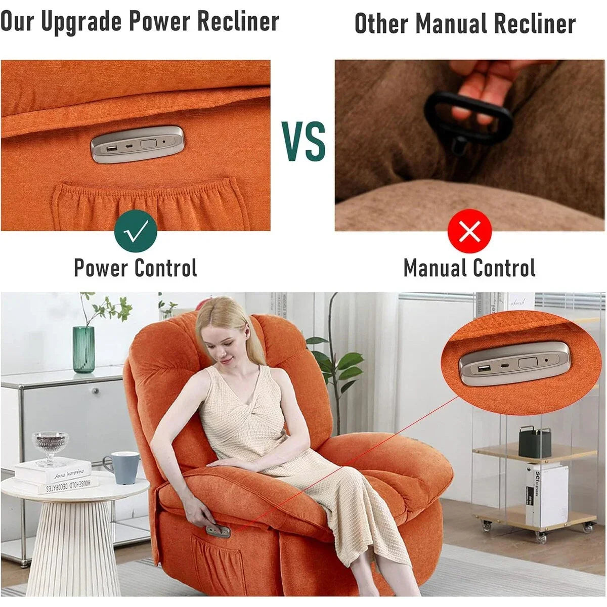 XINMICS Drehbarer elektrischer Relaxsessel, Massage-Schaukel-Liegesessel mit Heizfunktion, USB, USB-C und Seitentasche