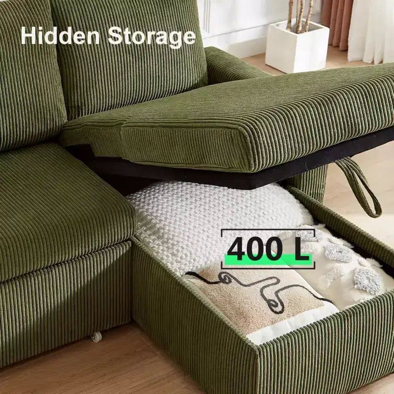 Dyonery 2-in-1 Schlafsofa ausziehbar mit Stauraum-Recamiere, Cord-Ecksofa mit USB-Anschlüssen für das Wohnzimmer