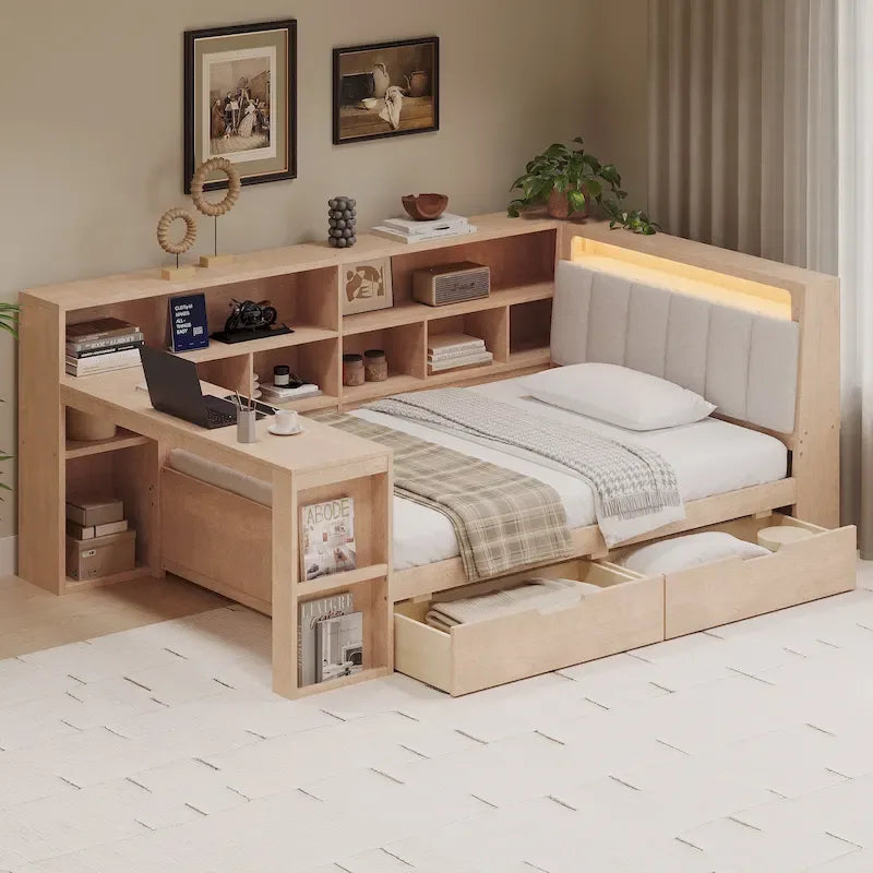 L-förmiges Holzsofa-Tagesbett mit Schreibtisch, Bücherregal, Eckbett mit Schubladen unter dem Bett, gepolstertem Kopfteil und integrierter Beleuchtung